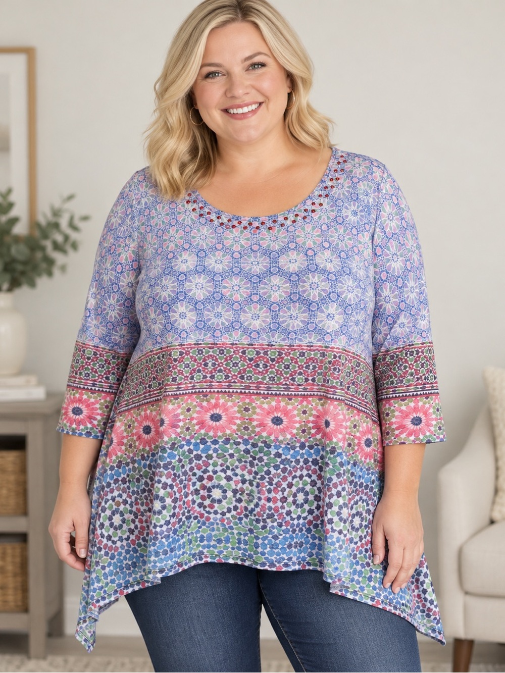 Lavendar Floral Mosaic Scoop Neck Top